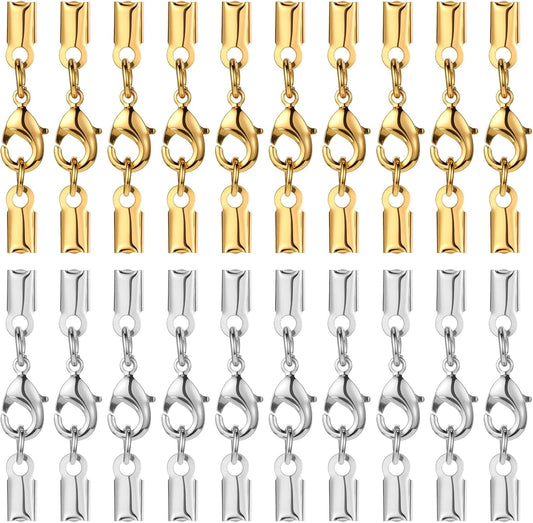 20 Pieces Fold Over Cord Ends Cord Crimp Tips, Copper Jewelry Connector Clasp Caps for Leather Cords, Ribbon, DIY Bracelets Necklace Jewelry Making, 3.5 x 9 mm/ 0.14 x 0.35 Inch (2 Colors)