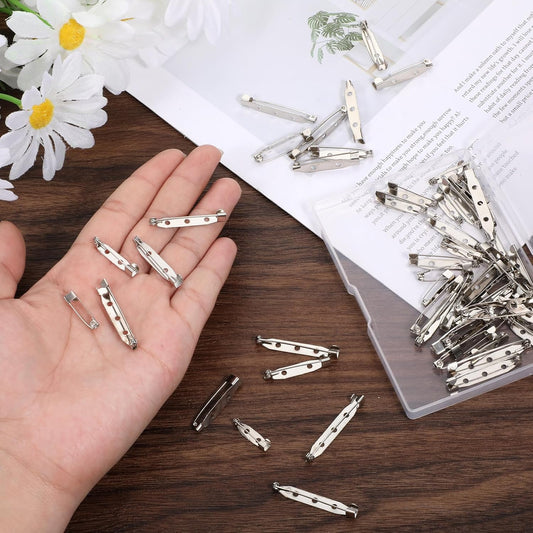 60 Pcs Brooch Pin Backs, 6 Sizes Metal Flat Back Safety Pins, Bar Pin Backings with Secure Locking Clasp for DIY Jewelry Making, Name Tags, Badges Craft Projects (Silver Color)