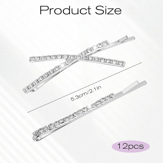 12 Pieces Rhinestone Bobby Pins for Women, Decorative Silver Hair Clips Crystal Shiny X Shaped Barrettes Metal Diamond Bling Hair Accessories for Women Girls Wedding Prom Party