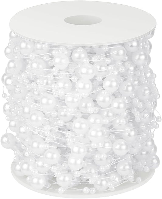 100 Feet Faux Pearls String Beads Fishing Line Artificial Decoration Pearl Strand Roll Beaded for Wedding Valentine Decoration DIY Accessories Party Supplies (White)