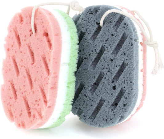 2 Pcs Bath Sponge, Deep Cleansing Body Loofah Sponge for Women Men, Large Size 3 Colors Foam Loofah for Gentle and Deep Exfoliation.