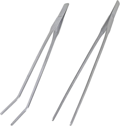 2 Pcs Feeding Tongs, Aquarium Tweezers Stainless Steel Straight and Curved Tweezers Set 27cm/10.6 inches Aquascaping Tools for Hold Worms, Reptiles, Lizards, Bearded Dragon (Silver)