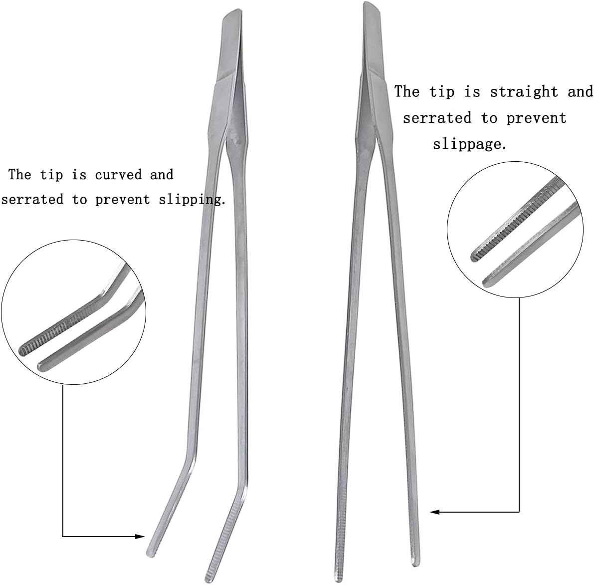2 Pcs Feeding Tongs, Aquarium Tweezers Stainless Steel Straight and Curved Tweezers Set 27cm/10.6 inches Aquascaping Tools for Hold Worms, Reptiles, Lizards, Bearded Dragon (Silver)
