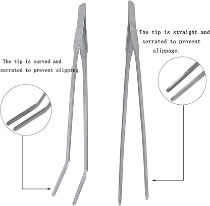 2 Pcs Feeding Tongs, Aquarium Tweezers Stainless Steel Straight and Curved Tweezers Set 27cm/10.6 inches Aquascaping Tools for Hold Worms, Reptiles, Lizards, Bearded Dragon (Silver)