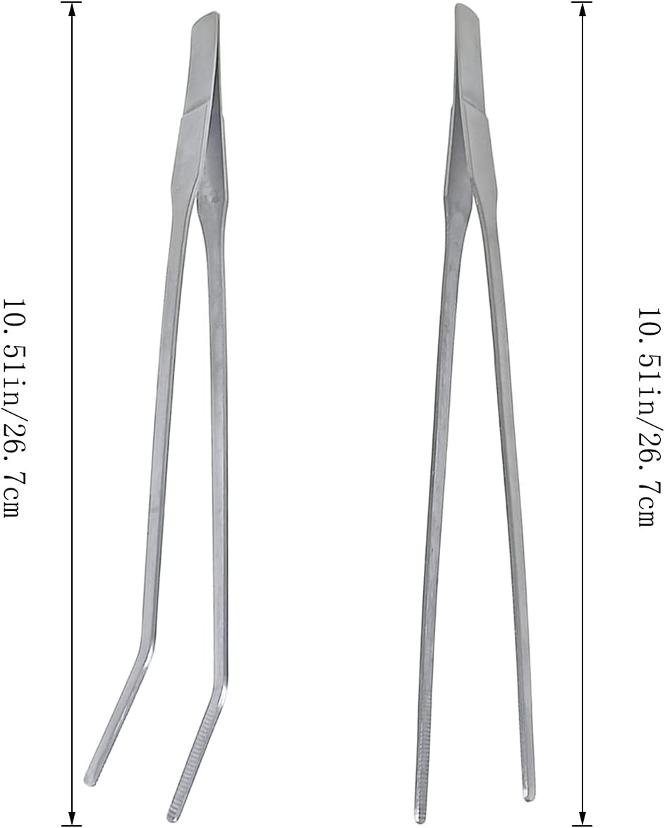 2 Pcs Feeding Tongs, Aquarium Tweezers Stainless Steel Straight and Curved Tweezers Set 27cm/10.6 inches Aquascaping Tools for Hold Worms, Reptiles, Lizards, Bearded Dragon (Silver)