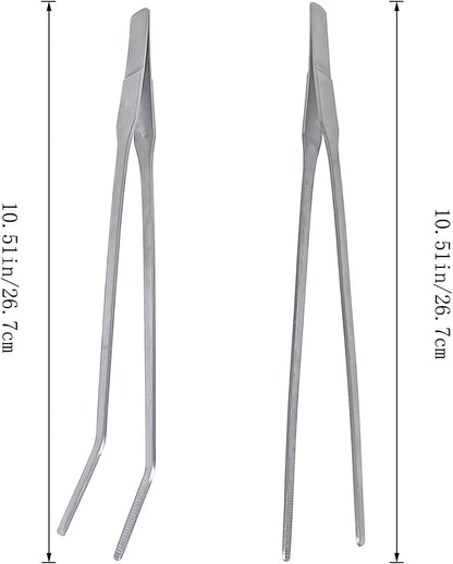 2 Pcs Feeding Tongs, Aquarium Tweezers Stainless Steel Straight and Curved Tweezers Set 27cm/10.6 inches Aquascaping Tools for Hold Worms, Reptiles, Lizards, Bearded Dragon (Silver)