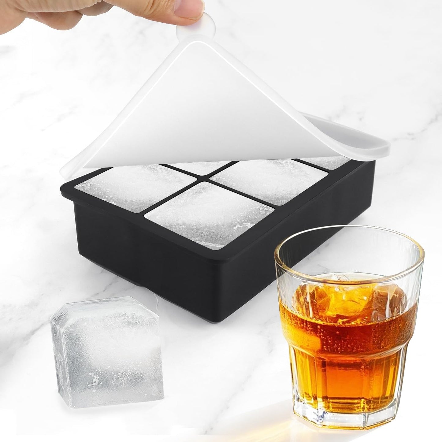 Large Ice Cube Tray with Lids, Big Square Silicone Freezer Mold, 2inch Huge Cubed Ice Maker for Whiskey, Cocktail, Freezing Broth, Rice, Leftovers and More (1-Pack 6 Cavities)