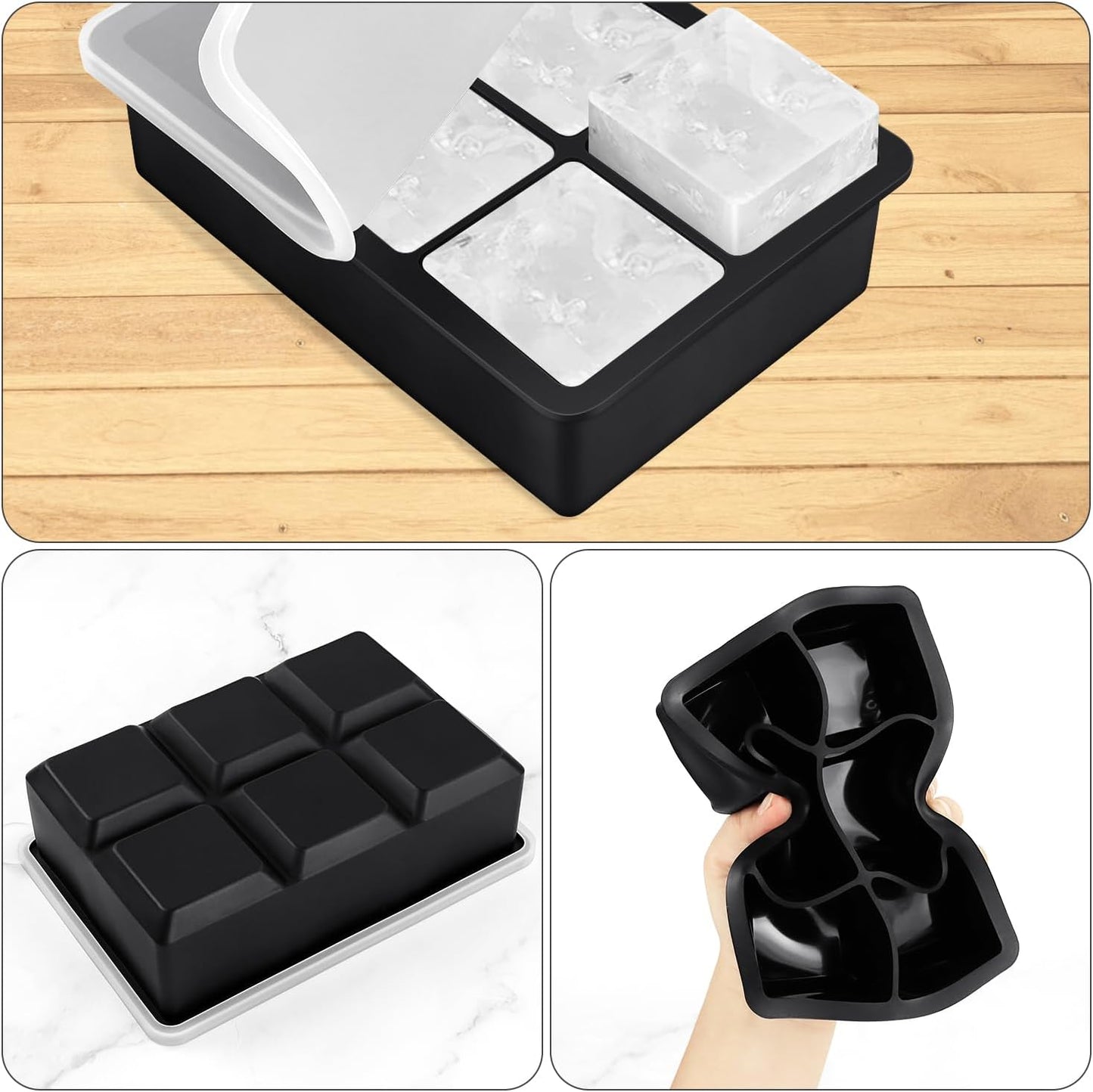 Large Ice Cube Tray with Lids, Big Square Silicone Freezer Mold, 2inch Huge Cubed Ice Maker for Whiskey, Cocktail, Freezing Broth, Rice, Leftovers and More (1-Pack 6 Cavities)