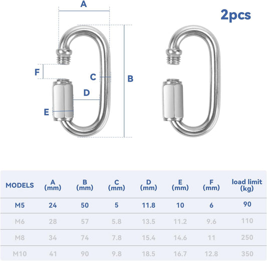2 Pack Chain Quick Links Duty Chain Link Connector 304 Stainless Steel Locking Carabiner Screw Carabiner, Chain Hooks for Outdoor Traveling Equipment, Connecting Hammock