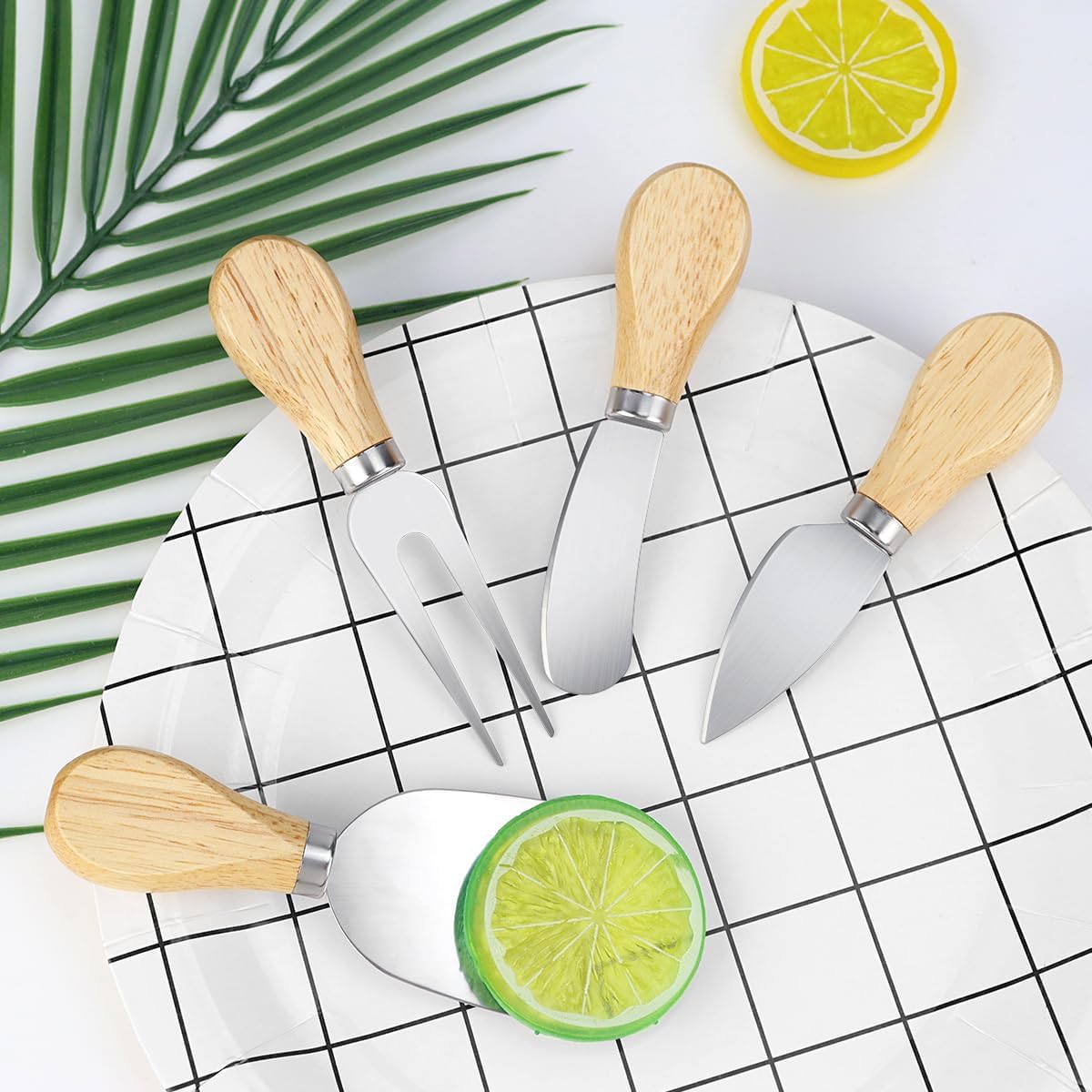 4-Piece Mini Wooden Handle Stainless Steel Cheese Set - Slicer, Knife, Fork, Butter Knife for Charcuterie & Cheese Spread