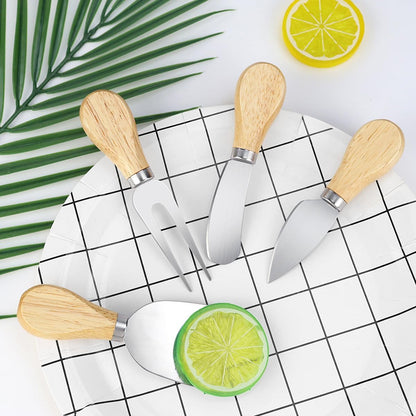 4-Piece Mini Wooden Handle Stainless Steel Cheese Set - Slicer, Knife, Fork, Butter Knife for Charcuterie & Cheese Spread