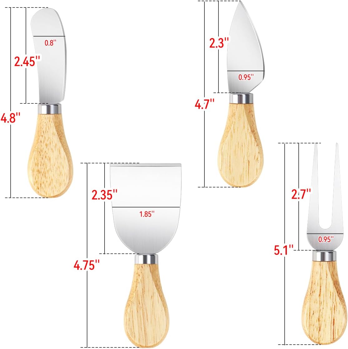 4-Piece Mini Wooden Handle Stainless Steel Cheese Set - Slicer, Knife, Fork, Butter Knife for Charcuterie & Cheese Spread
