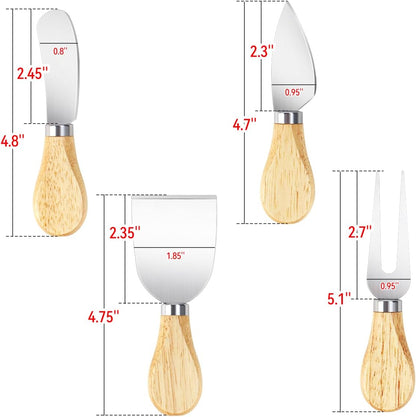 4-Piece Mini Wooden Handle Stainless Steel Cheese Set - Slicer, Knife, Fork, Butter Knife for Charcuterie & Cheese Spread