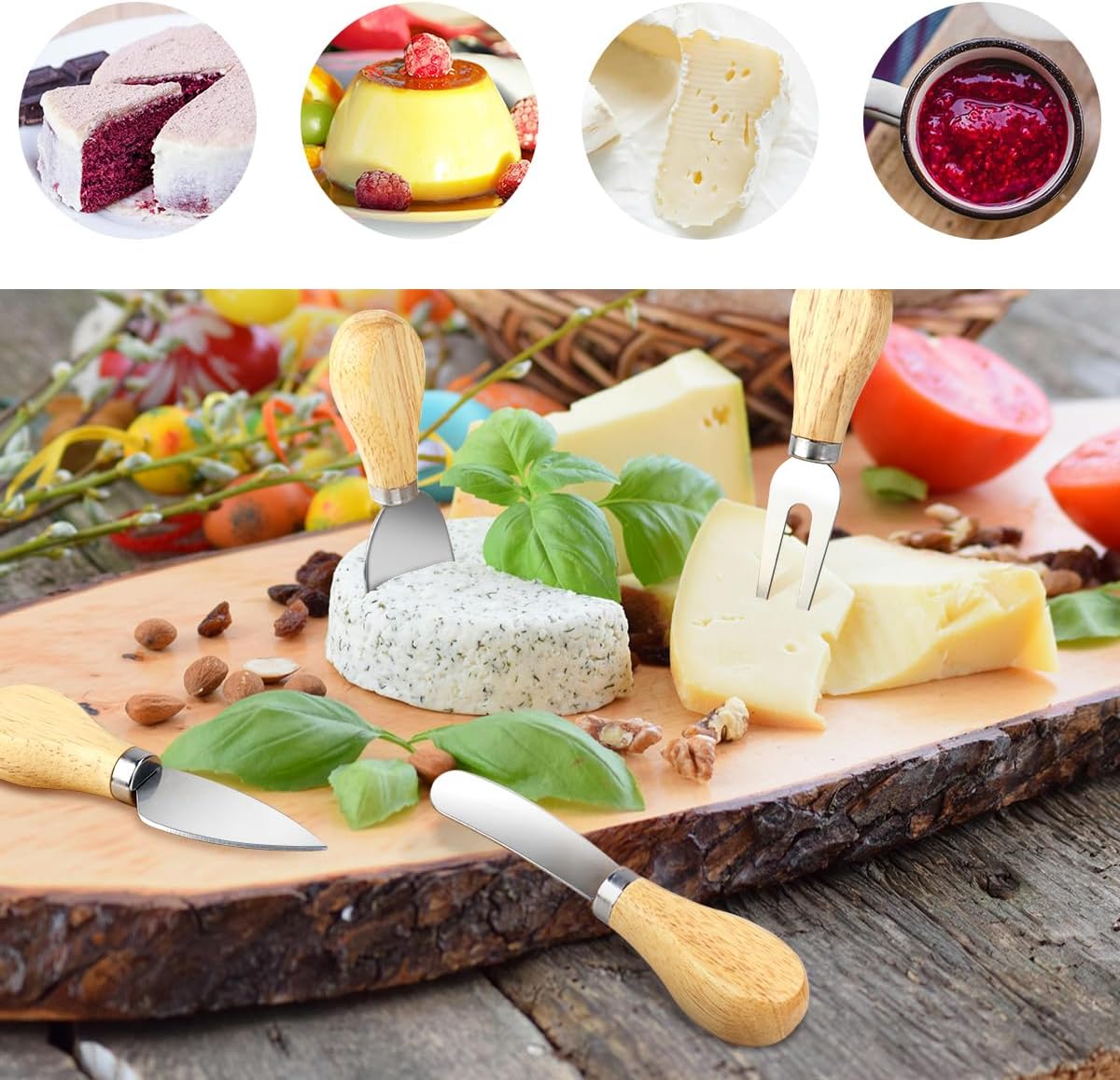 4-Piece Mini Wooden Handle Stainless Steel Cheese Set - Slicer, Knife, Fork, Butter Knife for Charcuterie & Cheese Spread