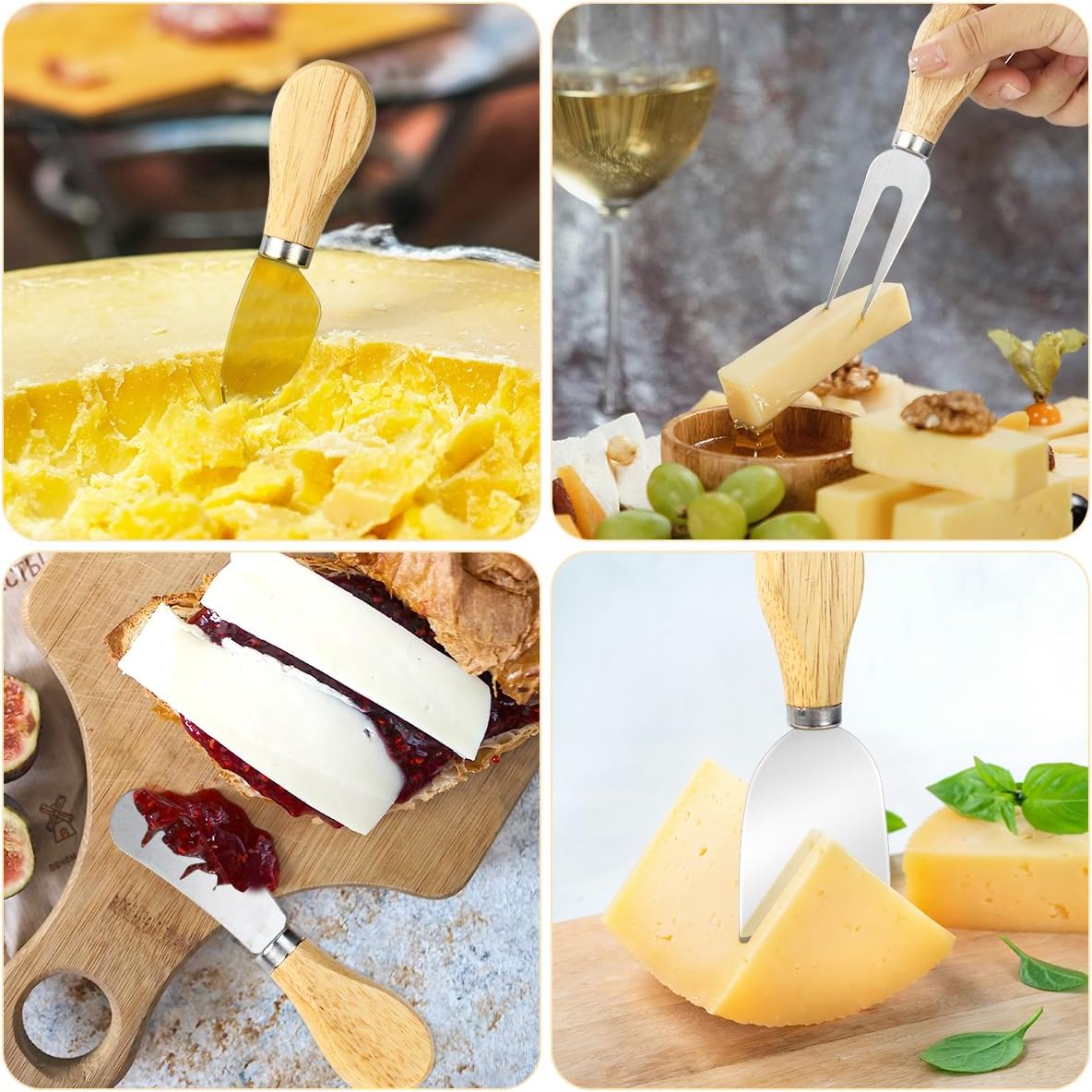 4-Piece Mini Wooden Handle Stainless Steel Cheese Set - Slicer, Knife, Fork, Butter Knife for Charcuterie & Cheese Spread