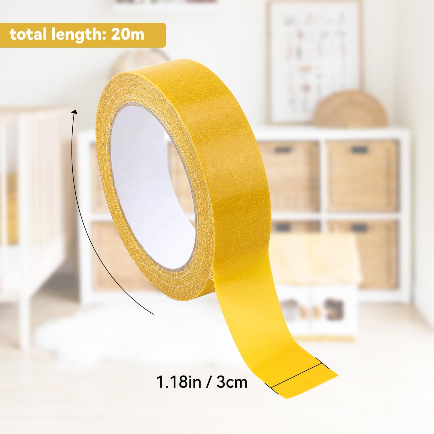 1 Pack Double Sided Fabric Tape Heavy Duty Gauze Tape Fabric Tape High Stickness Mounting Tape for Carpets, Pictures, Posters, Frames (3CM/1.18Inch x 20M/66FT)