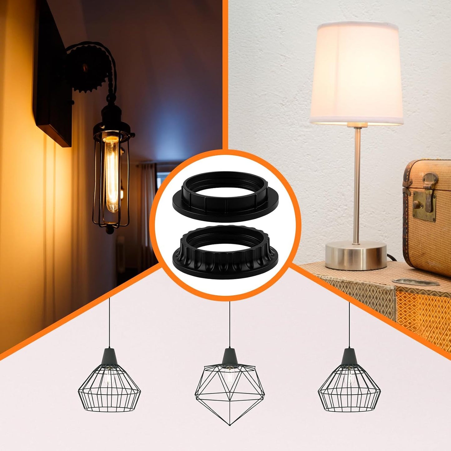 6 Pack E26 Lamp Shade Rings - E26 Light Socket Shade Rings Collar Ring,- 34mm (1-3/8") & 39mm (1-1/2") 2 Sizes Black Threaded Reducer Collar Ring for Light Socket, Hanging Lamp Holder Parts