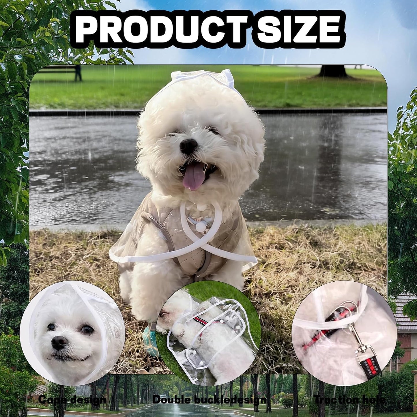 Clear Dog Rain Poncho for Small Medium Dogs - Heavy Waterproof Raincoat with Hidden Leash Hole & Adjustable Snaps - Transparent, Pet Hooded Cape for Bichon Poodle (4-8lbs)