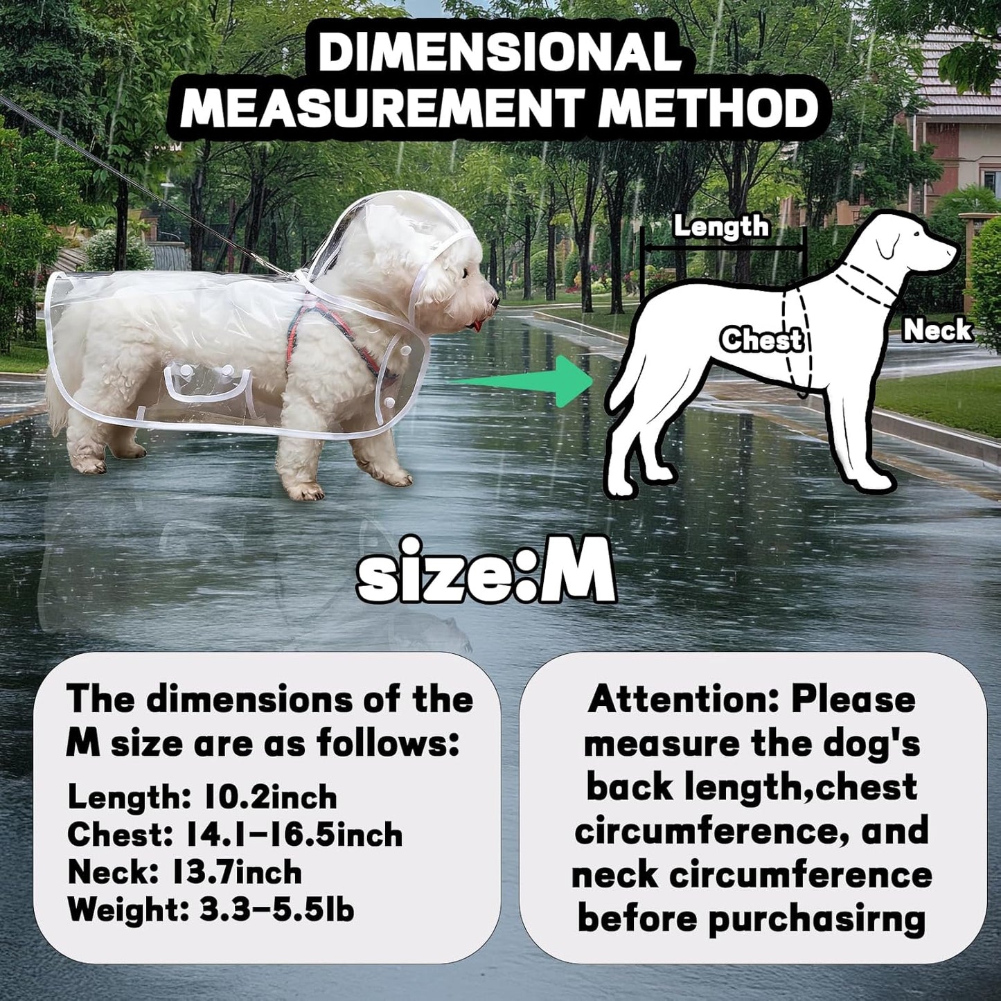 Clear Dog Rain Poncho for Small Medium Dogs - Heavy Waterproof Raincoat with Hidden Leash Hole & Adjustable Snaps - Transparent, Pet Hooded Cape for Bichon Poodle (4-8lbs)
