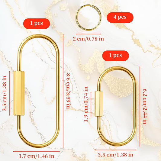 2-Pack Gold Brass Screw Lock Keychains with 4 Rings, Gold Carabiner Key Ring Keychain - 2 Sizes Keychain Clip Tool for Luggage Tags, Key Tags, Keyrings, Purse Bag Charms.