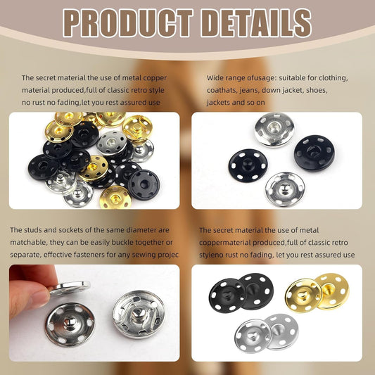 24Set 1Inch/25mm Large Sew-on Snap Buttons for Clothes - Sew on Snaps Sewing Snaps for Fabric - Metal Snaps Fasteners Press Studs Buttons for Sewing Clothing, Black