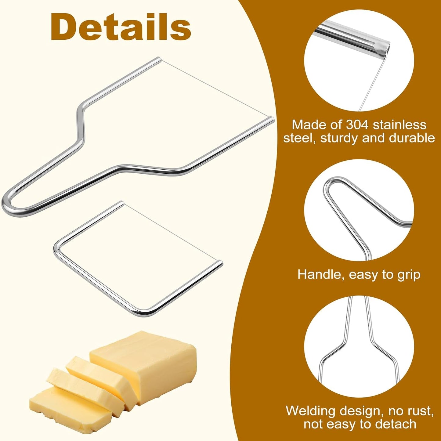 2-Pack Stainless Steel Wire Cheese Slicer - 2 Sizes Hand Held Cheese Butter Block Cutter for Cheddar, Gruyere, Raclette, Mozzarella - Easy And Fast Cutting Hard Or Semi Hard Block Cheeses