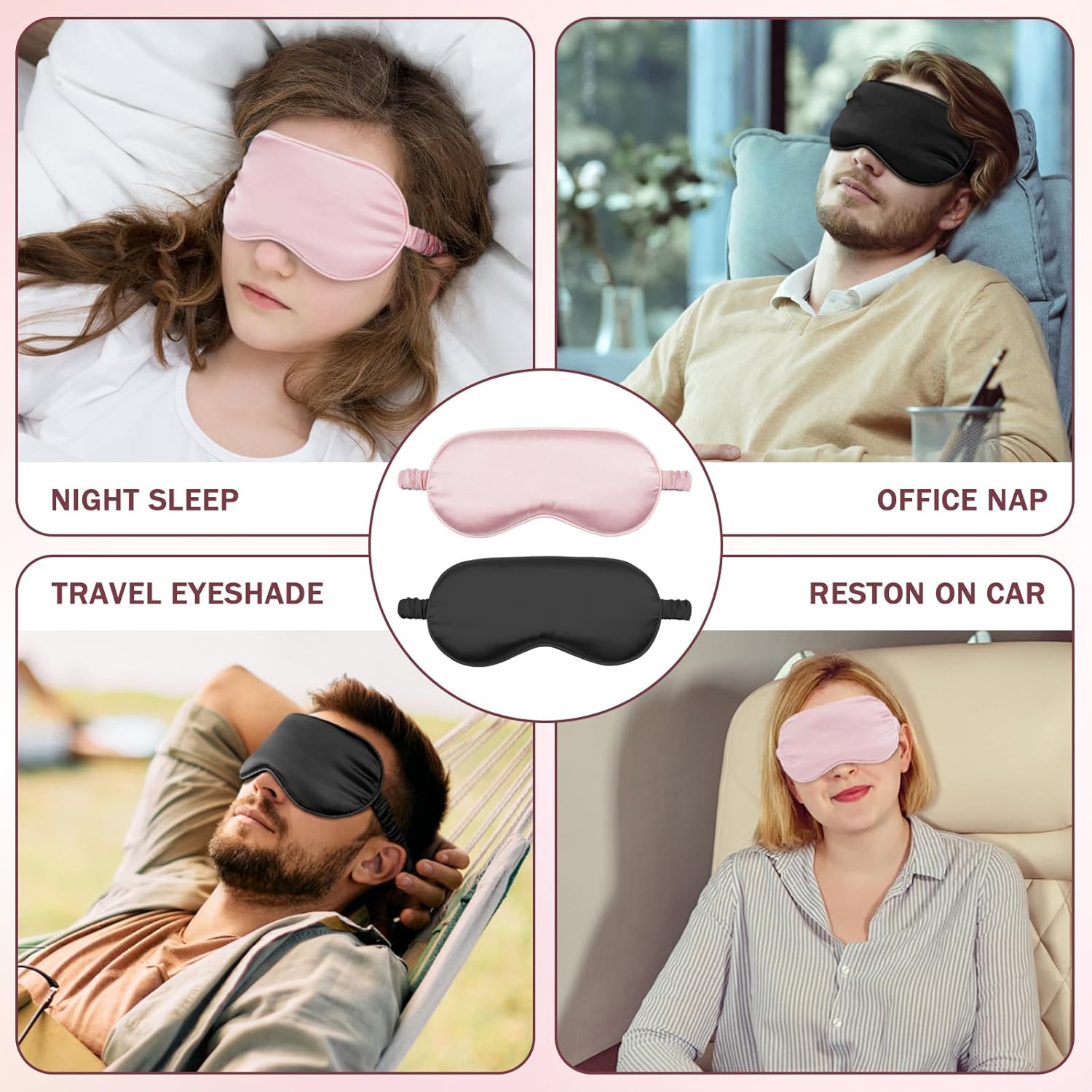 Silk Sleep Mask Set of 2, Adjustable Silk Eye Mask for Sleeping, Soft Sleeping Eye Shade Cover for Women, Good for Blocking Light, Reducing Puffiness, Enhancing Sleep Quality (Pink & Black).