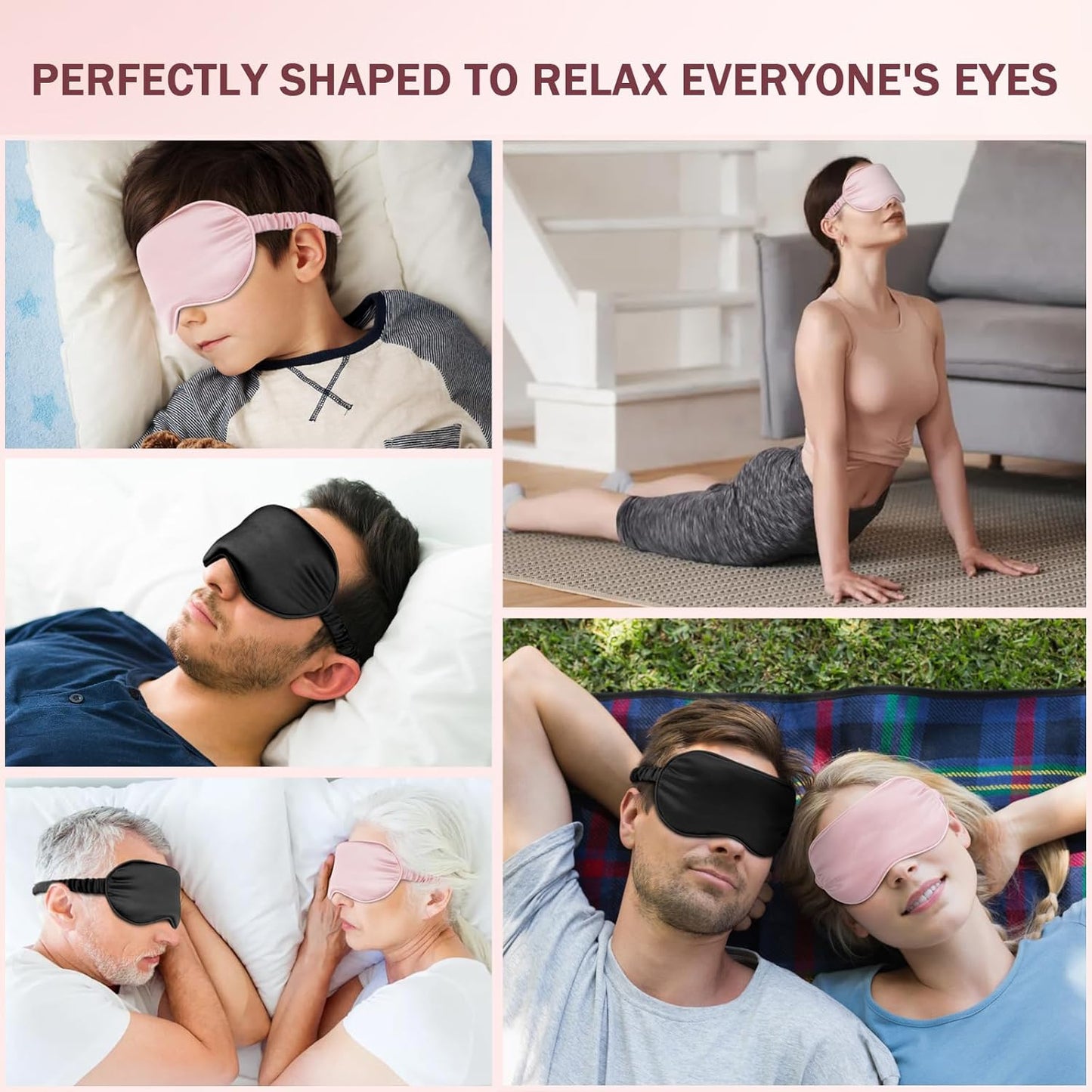 Silk Sleep Mask Set of 2, Adjustable Silk Eye Mask for Sleeping, Soft Sleeping Eye Shade Cover for Women, Good for Blocking Light, Reducing Puffiness, Enhancing Sleep Quality (Pink & Black).