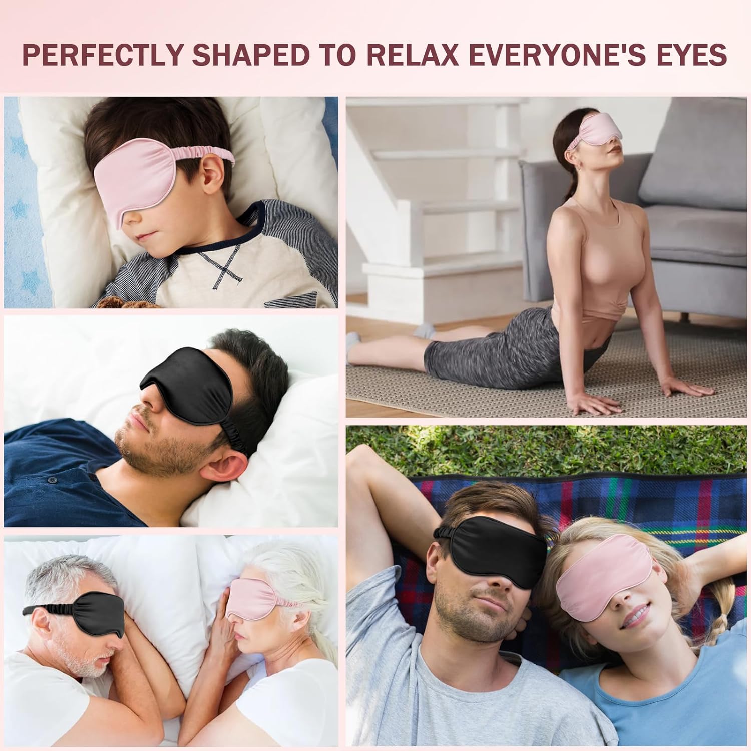 Silk Sleep Mask Set of 2, Adjustable Silk Eye Mask for Sleeping, Soft Sleeping Eye Shade Cover for Women, Good for Blocking Light, Reducing Puffiness, Enhancing Sleep Quality (Pink & Black).