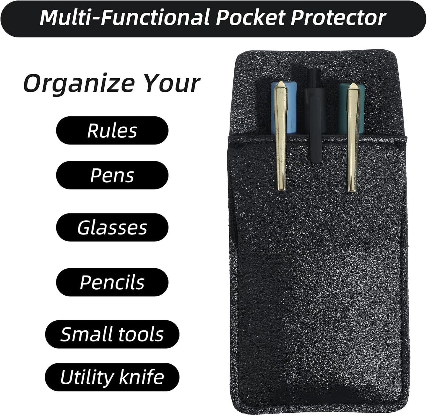 2 Pack Pocket Protector for Men Shirt, Black PU Leather Organizer Pouch Multipurpose Pocket Pen Holder for Pens Pencils & Cards Fits Shirt & Lab Coat Pockets