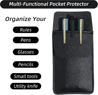2 Pack Pocket Protector for Men Shirt, Black PU Leather Organizer Pouch Multipurpose Pocket Pen Holder for Pens Pencils & Cards Fits Shirt & Lab Coat Pockets