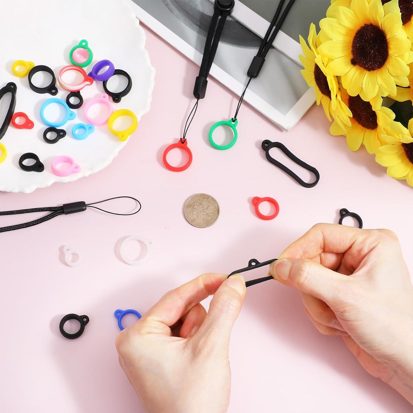 34Pcs Anti-Lost Lanyard Set Include 9 Style Black Silicone Rubber Rings-3Pcs Adjustable Lanyards,4 Style Colorful Rubber Rings,Soft Pen Protective Holder for Keychain Necklace Pen