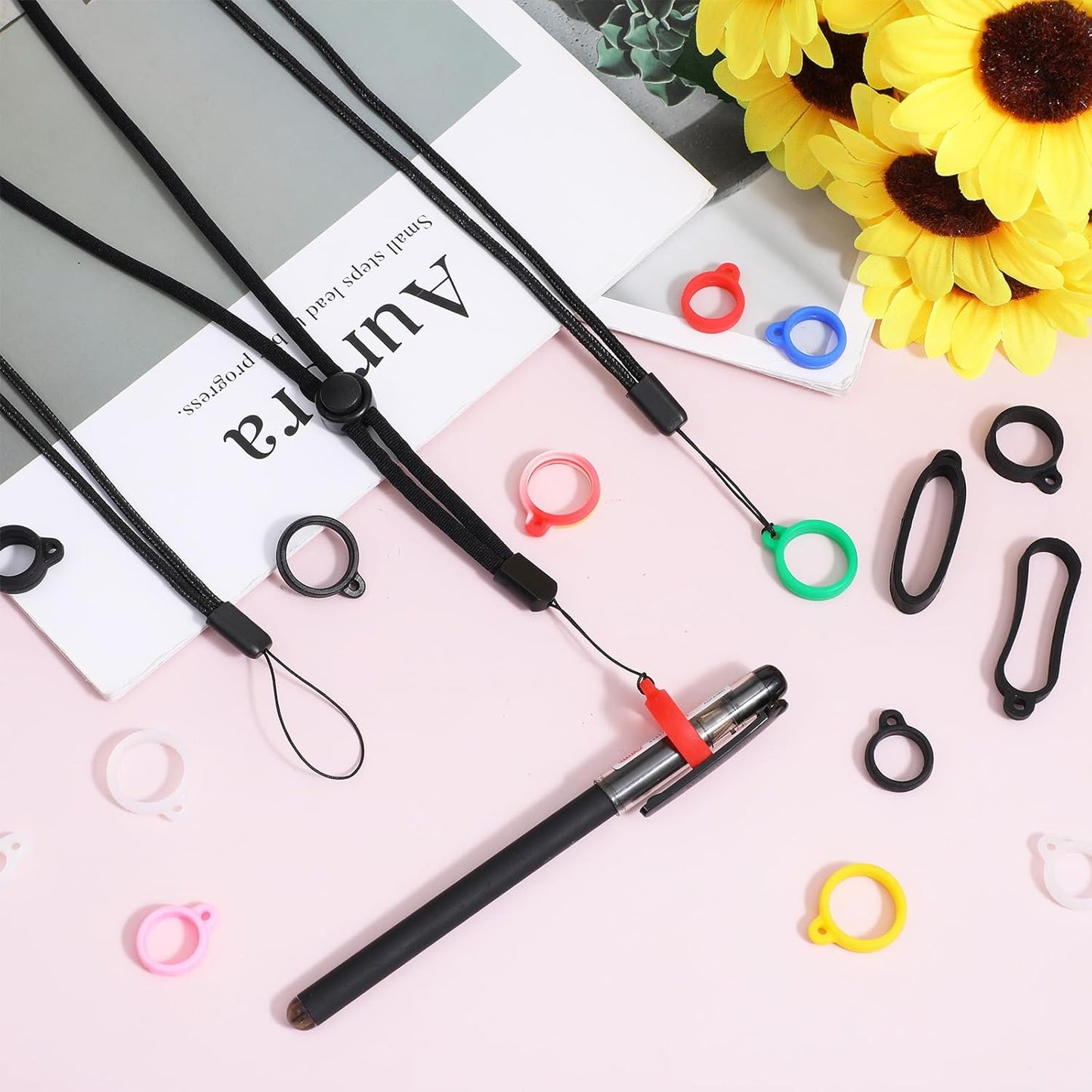 34Pcs Anti-Lost Lanyard Set Include 9 Style Black Silicone Rubber Rings-3Pcs Adjustable Lanyards,4 Style Colorful Rubber Rings,Soft Pen Protective Holder for Keychain Necklace Pen