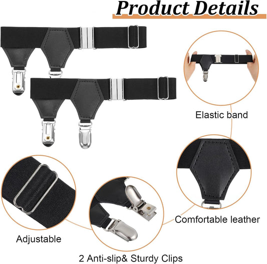 2PCS Mens Sock Garters - Adjustable Elastic Sock Suspenders Holders, Metal Non-slip Stocking Clips for Stockings