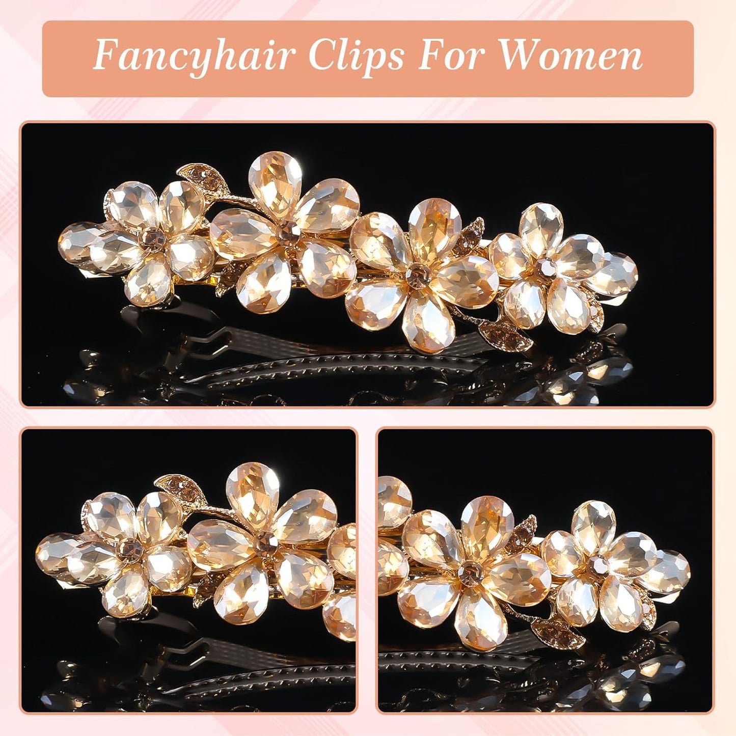 Champagne Rhinestone Hair Clips,Shimmeroo Fancy Hair Clips for Women,Flower Crystal Hairs Clip for Elegant Wedding & Party Barrettes