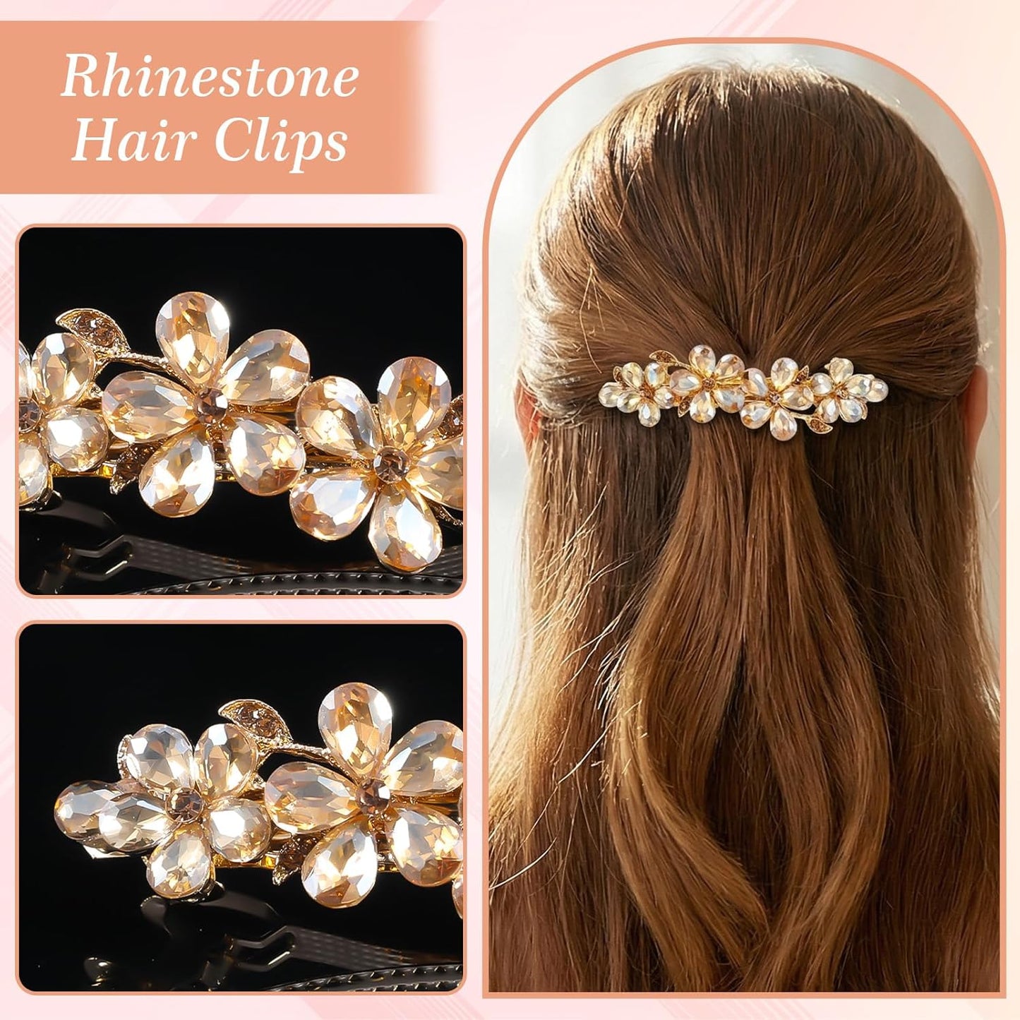 Champagne Rhinestone Hair Clips,Shimmeroo Fancy Hair Clips for Women,Flower Crystal Hairs Clip for Elegant Wedding & Party Barrettes