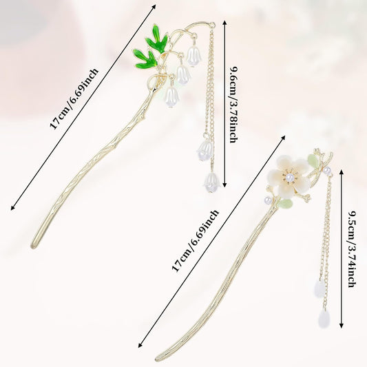 2PCS Chinese Hair Sticks,Lily of the Valley Hairpin Fringed Flowers Decor Hairstick for Women Headdress Fork for Women Hanfu Accessories
