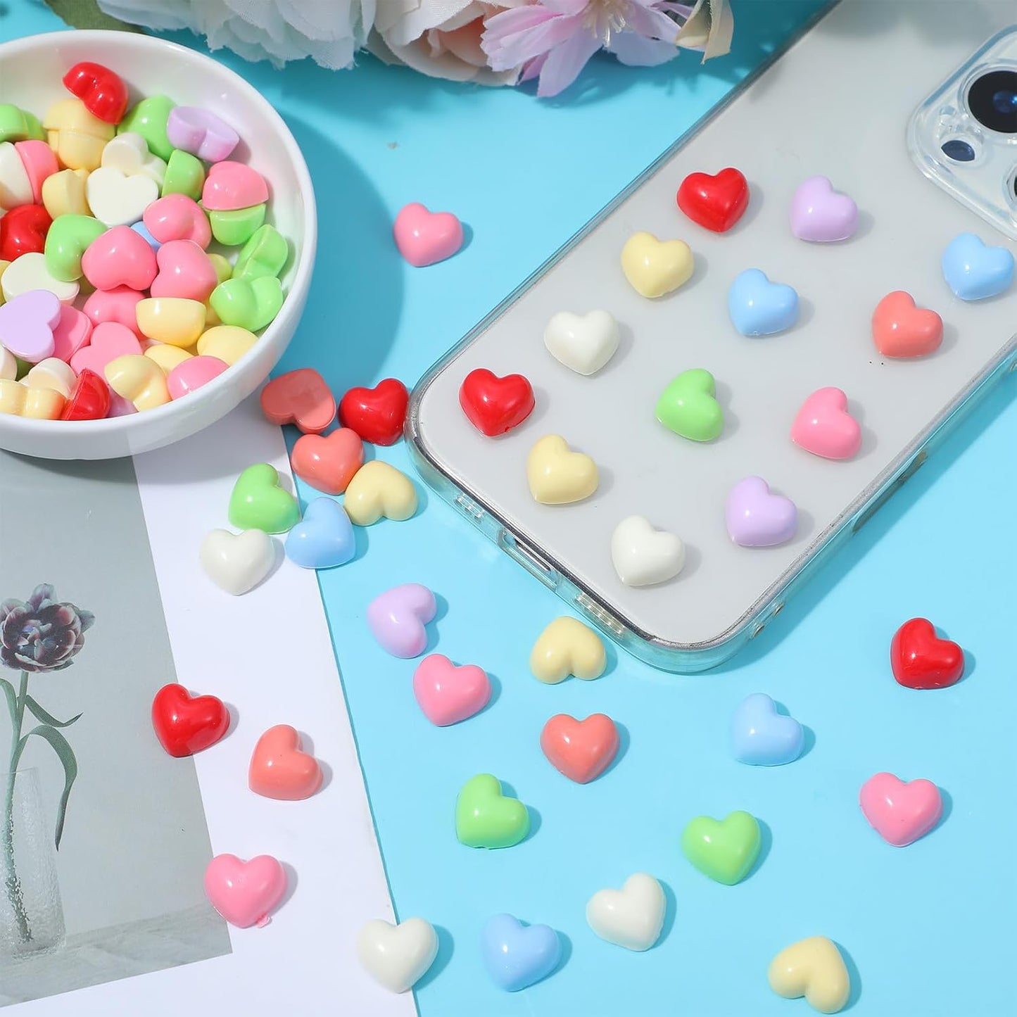 100PCS Colorful Heart Resin Flat Back Charms Shimmeroo Cute Plastic Mini Heart Shape Charms Bulk Resin Embellishments for Crafts Accessories DIY