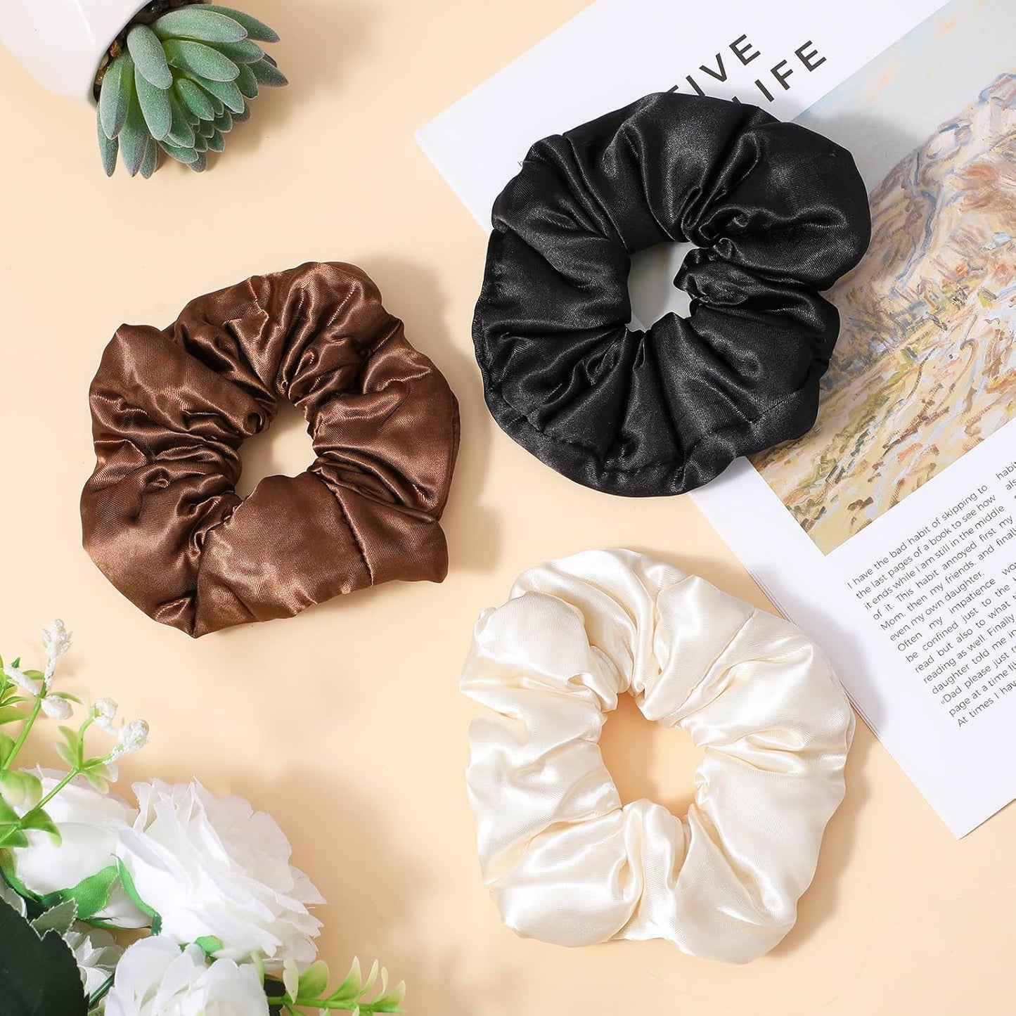3PCS Large Satin Hair Scrunchies, Oversized Thick Elastic Satin Scrunchie for Women Girls Fluffy Ponytail Holder Curls Hair Silk Sleepy Tie(Black, Brown, Champagne)