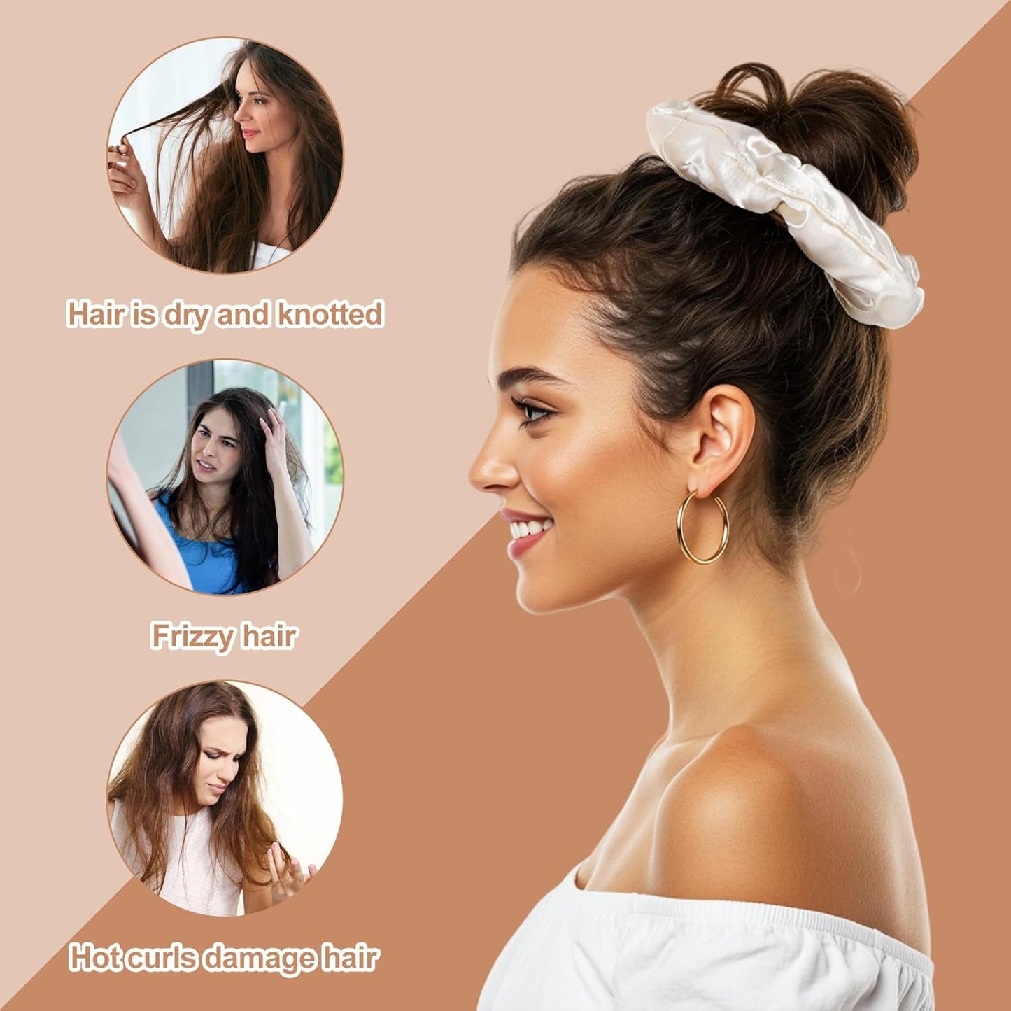 3PCS Large Satin Hair Scrunchies, Oversized Thick Elastic Satin Scrunchie for Women Girls Fluffy Ponytail Holder Curls Hair Silk Sleepy Tie(Black, Brown, Champagne)