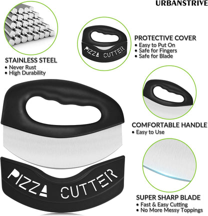 Heavy Duty Stainless Steel Pizza Cutter with Cover, Super Sharp Blade Pizza Knife Pizza Cutter Rocker, Perfect Kitchen Gadgets for Pizza Cutting Home Essentials (Black)