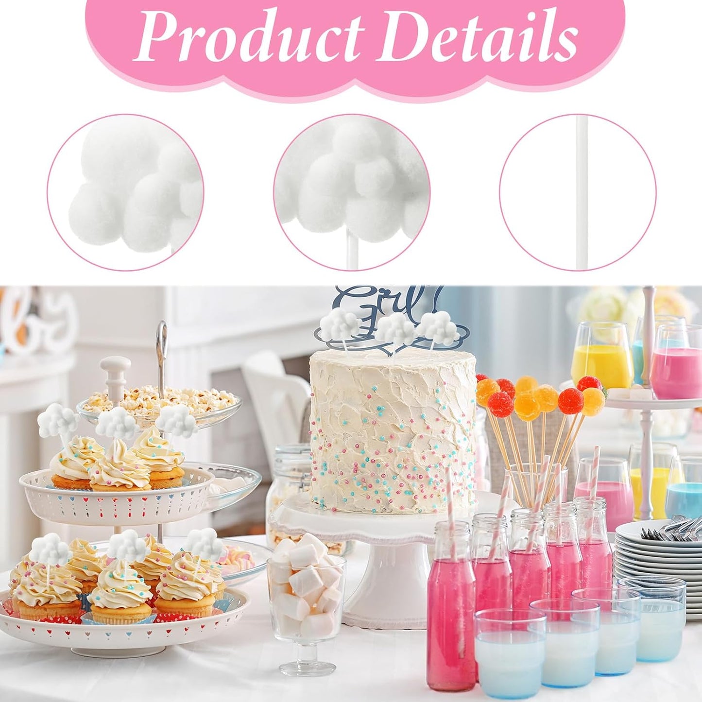Shimmeroo 10Pcs Cupcake Cloud Decorations, Plush Cute Cloud Decorations Dessert Picks Toppers Yarn Ball Cake Picks for Baby Shower Birthday Wedding Party Supplies (White)