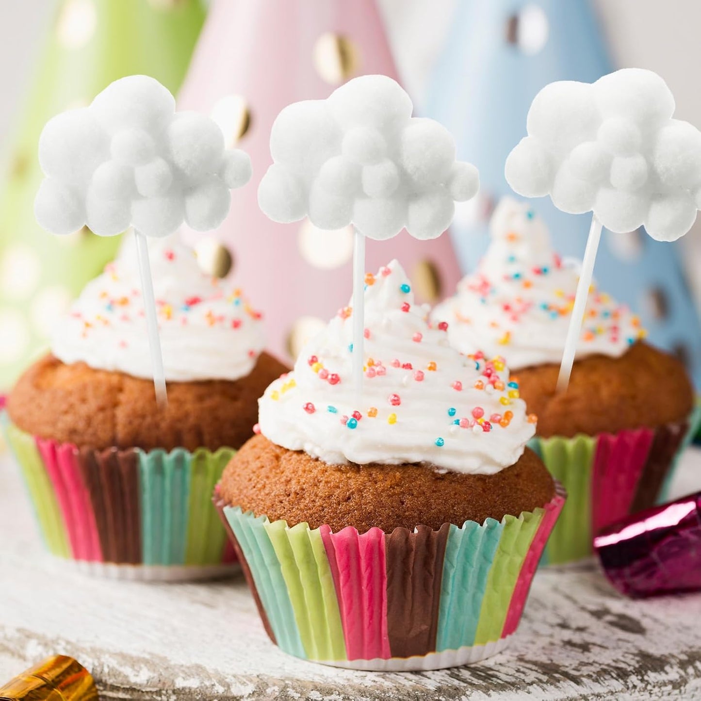 Shimmeroo 10Pcs Cupcake Cloud Decorations, Plush Cute Cloud Decorations Dessert Picks Toppers Yarn Ball Cake Picks for Baby Shower Birthday Wedding Party Supplies (White)