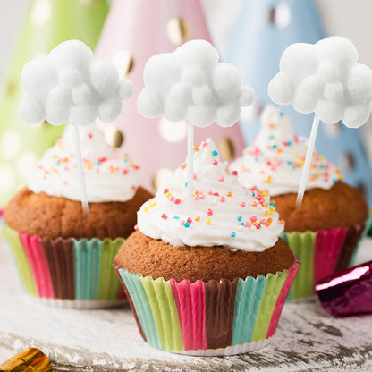 Shimmeroo 10Pcs Cupcake Cloud Decorations, Plush Cute Cloud Decorations Dessert Picks Toppers Yarn Ball Cake Picks for Baby Shower Birthday Wedding Party Supplies (White)