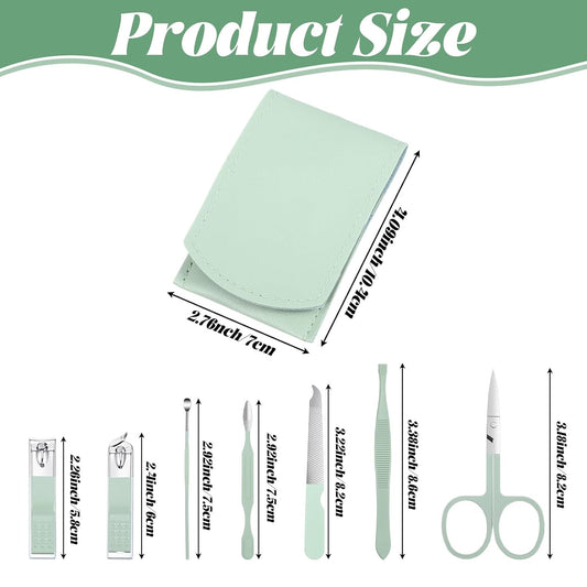 7Pcs Nail Cleaning Kit Professional Travel Nail Clippers with Green Leather Bag, Stainless Steel Manicure Kitcare Tools Grooming for Women Men.