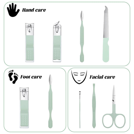 7Pcs Nail Cleaning Kit Professional Travel Nail Clippers with Green Leather Bag, Stainless Steel Manicure Kitcare Tools Grooming for Women Men.