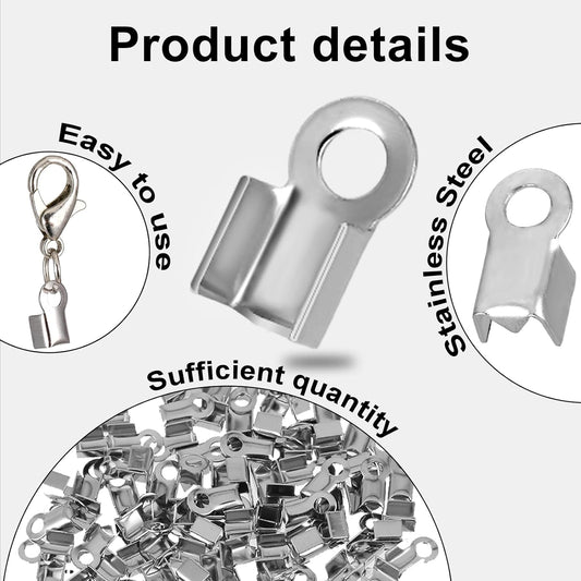 Vin Beauty 100 Pieces Fold Over Cord Ends Stainless Steel Cord Crimp End Tips Fold-Over End Caps Leather Ribbon Ending Clasp Tips Connectors for Jewelry Making 3 x 8 mm, Silver, 589813_1_Msy503deP