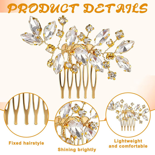 2 Pcs Bridal Hair Comb Gold Hair Piece Accessory Gold Rhinestone Hairs Accessories Golden Hairs Piece Sparkle Metal Crystal Accessories for Bride Bridesmaids Women Girls