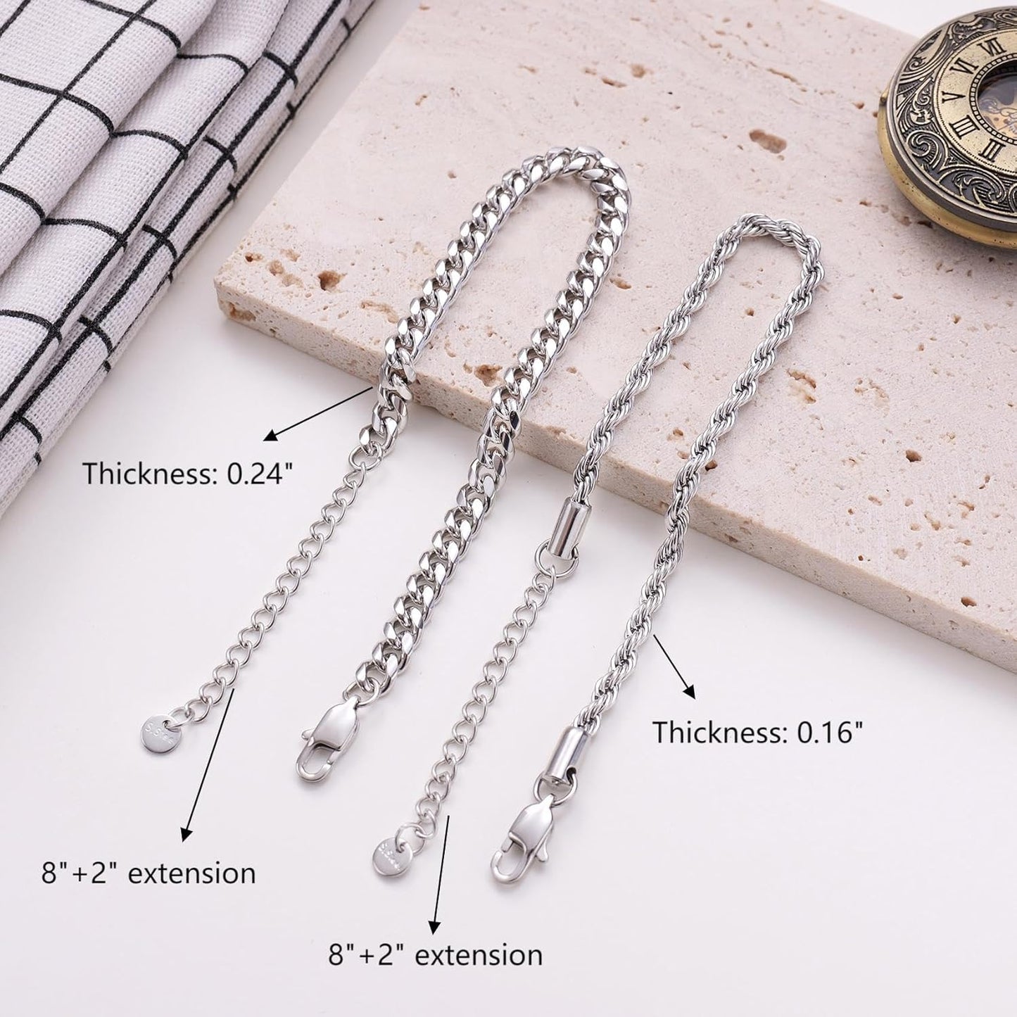 Kvekstio 2 Pieces Mens Sterling Silver Figaro Cuban Chain Bracelet Gift for Husband Boyfriend, Adjustable Cuban Link Bracelet
