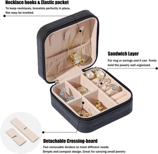 MODENGKGJIAN Mini Jewelry Travel Case, PU Leather Travel Jewelry Organizer Box, Small Portable Portable Jewellery Storage Holder for Womens Rings Earrings Necklaces Bracelets (Black)